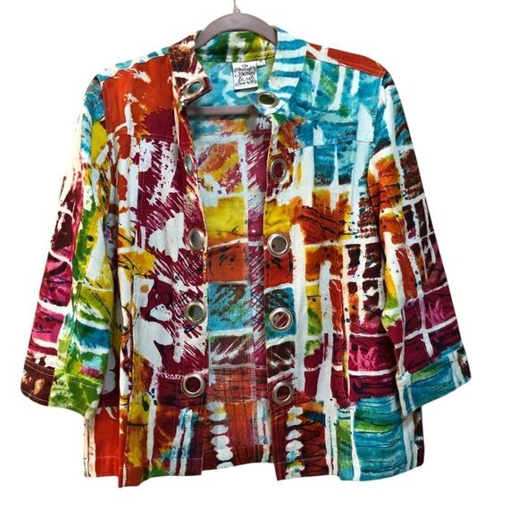 Parsley & Sage Women’s Blazer Jacket Sz M Multicolor Abstract with Grommets - Picture 1 of 5